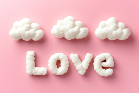 A delightful image to catch the eye in articles, blogs, or educational materials about love, emotions, and positive psychology | This charming picture features the word "LOVE" crafted with cotton that mimics the fluffy texture of clouds, set against a soothing pastel pink background. The soft texture of the cotton draws a stark contrast to the smoothness of the backdrop, creating a visual that is both striking and comforting. Each letter, plump and cheerful in its design, seems to float gently, invoking a dreamlike quality that mirrors the light and airy nature of love itself. The playful curvature of the letters suggests a handmade, personalized touch, which adds to the image's warm, inviting atmosphere. The pink hue complements the cotton's white, enhancing the tenderness and innocence often associated with love | This graphic is well-suited for social media campaigns centered around Valentine's Day or love-related events, as part of an illustrative aid in couples' therapy sessions, or to add a touch of sweetness to stationery or greeting cards. Additionally, the pure and simple aesthetics make it a fitting choice for children's educational content to express the concept of love in a tangible, visual form | a creative photographer that blends textures and colors to convey the theme of love with cotton letters on a pastel background, with ample negative space suitable for text or design elementsの素材