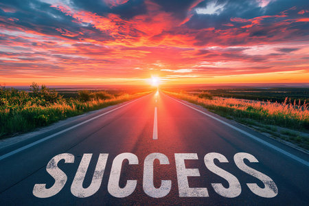 An evocative image suitable for motivational content, self-help resources, or inspirational marketing campaigns | This image captures the metaphorical "road to success" bathed in the breathtaking colors of a sunrise, offering inspiration and a sense of direction. The word "SUCCESS" is emblazoned across the asphalt in bold, white lettering, anchoring the theme directly into the viewer's path. The road itself stretches infinitely towards the horizon, lined by the natural beauty of wild grasses which are kissed by the warm light of dawn, symbolizing growth and the journey ahead. The vibrant palette of pinks, oranges, and blues in the sky conveys optimism and the endless possibilities of a new day. The sun, perfectly positioned at the end of the road, suggests that success is possible and just within reach if one stays the course. The image is rich in symbolism, with the road representing the traveler's personal and professional journey, while the sunrise signifies new beginnings and the promise of what is to come | The image is ideal for use in keynote presentations, as a powerful visual metaphor in personal development blogs or articles, or as the focal point in advertising materials for businesses encouraging growth and aspiration. It can also serve to inspire in educational settings, or as compelling wall art in offices or personal spaces that seek to evoke ambition and motivation | a stunning photo of a road leading towards a bright sunrise, with "SUCCESS" painted on the road, encapsulating a sense of hope and forward momentum against a dramatic natural backdrop with room for text overlayの素材