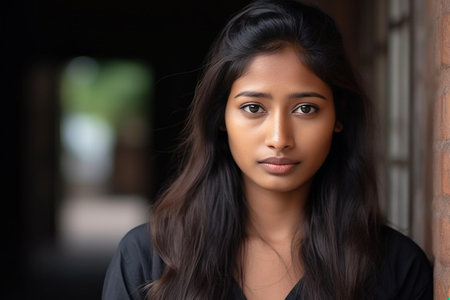 An evocative image ideal for editorials on beauty, cultural diversity, or as rich visual content for personal empowerment blogs | This is a strikingly intimate portrait of a young woman with dark hair and deep, engaging eyes. The subject is centered in the frame, her gaze piercing through the lens with a mixture of vulnerability and strength. Her dark allure blends into the shadowy background, allowing her eloquent facial features to garner full attention. The soft, natural light caresses her face, highlighting the gentle contours and her serene expression. The blurred background, with hints of a rustic brick wall and distant light, creates a depth that complements the subject's presence, instilling a sense of environment and place while keeping the focus firmly on her. This nuanced image, with its balance of sharpness and soft bokeh, captures a moment that is both fleeting and memorable | Suitable for use in cosmetic or fashion advertising, supporting visual themes of natural beauty and authenticity, or for empowerment workshops that encourage self-reflection and confidence. It could also serve as a powerful illustration in storytelling where character depth and emotion are central | a high-resolution portrait of a young woman with a captivating gaze and soft lighting that illuminates her facial features against a defocused architectural backdrop, with ample negative space for textual or graphic additionsの素材