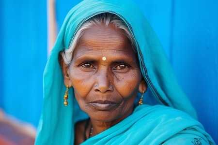 A captivating image that resonates deeply for cultural studies, human interest pieces, or global society editorials | This powerful photograph presents a dignified woman cloaked in a vibrant turquoise sari that envelops her with a sense of grace and composure. The subject's gaze is direct and haunting, her eyes a wellspring of untold stories, reflecting life experiences and wisdom. Her facial features are sharply in focus, adorned simply with traditional jewelry and a small bindi on her forehead which, along with her sari, evoke her cultural heritage. The smooth texture of her skin is emphasized by the soft, natural light that caresses her face, creating subtle shadows that contour her features. The depth of field is shallow, with the background, a soothing blue, serving as a harmonious canvas that allows the subject to command full attention. This dichotomy of color between subject and background generates an aura of both strength and tranquility | This type of image is perfect for articles on diversity and women's empowerment, anthropology studies looking at traditional allure, or as evocative artwork in a living space that celebrates multiculturalism. It could also be used in non-profit and charity campaigns focusing on women's rights or international development to bring powerful human elements to the fore | a poignant photograph of an elder woman, rich in cultural symbolism, with a strong focus on her face set against a softly blurred background, the lighting and colors highlighting her expression and allureの素材