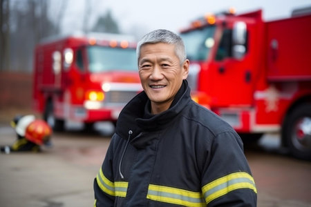 A compelling image suitable for educational content, public service announcements, or editorial pieces on community heroes | The photographer presents an experienced firefighter sporting a confident smile, his silver hair hinting at years of service and wisdom. The firefighter's gear is well-worn yet meticulously maintained, displaying reflective stripes for safety and professionalism. His stance is relaxed yet poised, embodying the calm bravery that is synonymous with his line of work. Behind him, the quintessential red fire truck serves as a powerful symbol of emergency response, with its lights softly blurred but clearly active, indicating a readiness to spring into action. The presence of a fellow firefighter in the backdrop, engaged in the preparation or completion of a drill, adds depth to the composition and an element of storytelling, bringing to life the teamwork that underpins this essential public service. Soft, diffused lighting gently envelops the scene, providing a sense of approachability and warmth, which contrasts with the often intense and dangerous situations faced by firefighters | Ideal for inclusion in training manuals, tribute materials for civil service, or visual aids in discussions on public safety and emergency services. This image may also resonate in marketing campaigns for fire safety equipment or as an emotive addition to inspirational content aimed at fostering community appreciation and awareness of first responders | a high-resolution portrait of a firefighter, capturing the essence of dedication and readiness against the backdrop of an iconic red fire truck, with ample room for additional textual or graphic elementsの素材