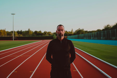 A compelling portrait that fits athletic profiles, motivational coaching content or health and fitness inspiration | This image captures the essence of athletic determination and focus as seen in the steadfast gaze of a runner standing on a running track. The rich, warm tones of the sunset imbue the scene with an inviting glow while the neatly lined running lanes offer a sense of direction and purpose. The subject is dressed in athletic gear suited for performance, and his poised stance speaks to the readiness and discipline intrinsic to track and field athletes. The contrast of the red track and the runner's black outfit against the calming blue of the sprinting field creates a visual metaphor for the balance between the intensity of competition and the tranquility of solo training. As the light casts gentle shadows and highlights the subject's features, it underscores the personal journey and the solitary nature of preparing for athletic pursuit | Ideal for use in health and fitness editorials, inspirational sports stories, athletic apparel advertisements, or as a compelling visual in a personal coaching philosophy. The image's balanced composition makes it suitable for both print and digital media, where it can engage viewers in a narrative of endurance, self-improvement, and the serene moments before action | a warm and engaging photo of a male athlete on a running track at sunset, reflecting themes of preparation, solitude, and ambition under expressive lighting that draws attention to the determination of the individual and the settingの素材