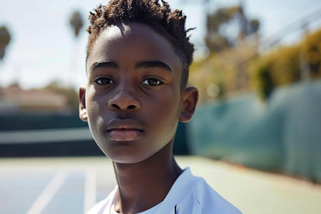 A powerful representation of youth and ambition in sports, ideal for athletic publications, children's advocacy, or motivational campaigns | This image presents a close-up portrait of a young athlete, poised and focused, embodying determination and resilience. The subject's eyes are fixed forward, conveying a sense of purpose and drive. The subtle sheen of perspiration on his skin illustrates the physical effort and commitment dedicated to his sport. The background, a soft blur of tennis court blue and the hints of greenery, provides a contrast that further emphasizes the athlete's presence, creating a juxtaposition between the sharp vivacity of the individual and the subdued environment. This visual narrative captures not just the athlete's physicality but also an emotional resonance that connects with viewers, encapsulating the inner strength and concentration required in competitive sports. The sunlight gently highlights the contours of his face, adding to the depth and texture of the photograph | Suitable for inclusion in educational materials that discuss youth sports, as part of an emotional story in documentary photography, or as inspirational imagery for sports psychology. Additionally, this photo could enhance the visual engagement of content promoting sporting goods, athletic training programs, and activities that encourage positive development in young people | a detailed image of a young tennis player showing focus and intensity, set against the blurred lines of a tennis court, with natural lighting that enhances the subject's features and emotional expression, offering room for copy spaceの素材