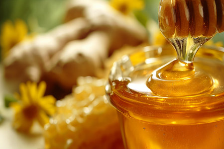 A sumptuous image well-suited for culinary publications, ingredient features, or natural products promotion | This photograph offers a richly detailed and appetizing view of golden honey flowing from a dipper into a glass jar, embodying the natural sweetness and luxurious texture of this beloved substance. The shining stream captures the light, highlighting the honey's transparency and viscosity, which dances between liquid and solid states. Reflections and subtle refractions within the sticky rivulets tell a story of quality and purity, while the depth of amber tones varies as the honey accumulates in the jar, presenting a feast for the senses. The soft focus of the background introduces a gentle floral element, suggesting the origin of the honey and hinting at the natural cycle of bee pollination. This juxtaposition of the in-focus honey against the blurred backdrop precisely articulates the product's connection to nature and the nurturing process from which it derives | Perfect for illustrating articles on the health benefits of honey, use in cookbooks highlighting natural sweeteners, or as visually appealing content for marketing organic products. This image can portray the art of beekeeping or serve as a serene and appetizing backdrop in health food stores and gourmet shops. It may also nicely complement educational materials about the importance of bees in our ecosystem | a vivid close-up of honey being poured, showcasing its golden hues, with a blurred background that softly suggests its natural source, providing an idyllic space for text overlayの素材
