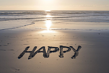 A beautiful image that evokes feelings of happiness and relaxation, ideal for mood-setting in wellness publications, travel blogs, or greeting cards | The photograph presents the word "HAPPY" inscribed in large letters on the smooth sand of a beach, with a gentle surf in the background and the sun setting behind the ocean waves. The warm glow of the sun's rays reflects on the wet sand and creates a shimmering path from the horizon to the shore, adding a sense of depth and peace to the image. Each letter is precisely carved, standing out distinctly against the surrounding textures and showing the contrasts between the transient nature of human expression and the timeless ebb and flow of the sea. The image captures the essence of fleeting moments of joy and the urge to communicate positive emotions in harmony with the surrounding environment. It conveys a message of simplicity, contentment, and connection to nature | Perfect for motivational content that encourages positive attitudes, mindfulness and the importance of taking moments to relish in natural beauty. Can also be used in advertising for beach resorts or summer-related products to associate them with joy and serenity. Additionally, the image has a calming effect and could be suitable for therapeutic settings or as tranquil wall art in personal spaces | a serene photo of a written message in the sand with the setting sun casting a golden gleam over the seascape, blending emotion with the tranquility of the beach, leaving room for thought or additional design elementsの素材