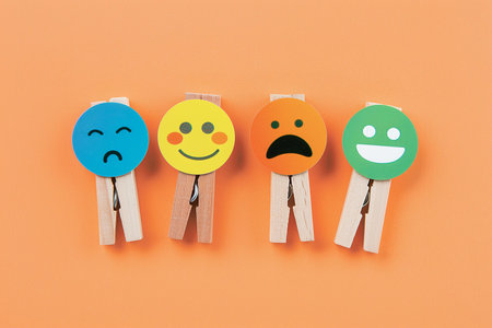 A playful yet profound snapshot suitable for discussions on emotions, psychology, or communication | This image presents a simple yet insightful depiction of various emotional states using colorful cartoon faces on wooden clothespins. The faces exhibit a range of emotionsâfrom sadness to joy, calm to distressâencouraging the viewer to contemplate on the spectrum of human feelings. The unembellished blue, yellow, orange, and green backgrounds of the emoticons stand out against the unifying orange backdrop, underscoring the concept that while emotions are diverse, they are all part of a single human experience. The use of clothespins, everyday objects, as the medium for these symbols suggests a metaphor for how emotions hold together the fabric of our daily lives, and how we 'clip on' different faces in response to the world around us. Daylight-like lighting casts soft shadows onto the orange surface, lending depth and a sense of reality to the composition | This image is well-suited for educational and therapeutic settings, as well as articles exploring emotional intelligence and mental well-being. It can also be adapted for creative campaigns in advertising to signify customer satisfaction or for social media content aimed at engagement with a broad audience. Moreover, it serves as an eye-catching graphic for presenting a lineup of products or services that cater to different emotional needs | a creative display of emoticon-faced clothespins against a bright orange background, cleverly symbolizing the varied emotions humans experience, with a clean aesthetic that allows for overlaying texts or graphicsの素材