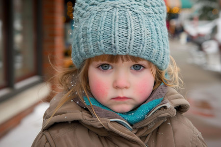 A touching image ideal for family blogs, winter clothing advertisements, or articles about childhood in the colder seasons | The photograph presents a close-up of a young child dressed for chilly weather, with striking blue eyes that command attention amidst rosy cheeks reddened by the cold. The child's expression is thoughtful, almost wistful, mirroring the innocence and curiosity characteristic of early years. Snowflakes adorn the child's woolen hat, indicating an active engagement with the winter elements, while the textures and layers of the child's clothing convey a cozy warmth necessary for outdoor play. The muted browns and blues in the attract contrast with the child's fair complexion and vibrant blush, capturing the quaint charm of youth during wintertime. The image's shallow depth of field blurs the background, bringing full focus to the child's face and accentuating every detail from the individual strands of hair to the subtle shimmer of snow | Perfect for use in educational material that illustrates children's outdoor activities in winter, as a heartwarming element in storytelling for children's literature, or to evoke the tender aspects of family and growth in various media. Additionally, it can serve as an authentic visual for winter apparel campaigns, resonate with parents and educators within child development content, or offer a sentimental touch to home dÃ©cor catering to families | a detailed image of a young child's face wearing winter clothing, expressing quiet contemplation with a depth of emotion under natural light that illuminates the scene and brings out the fine textures in the knitwear and skin, offering ample space for text or graphicsの素材