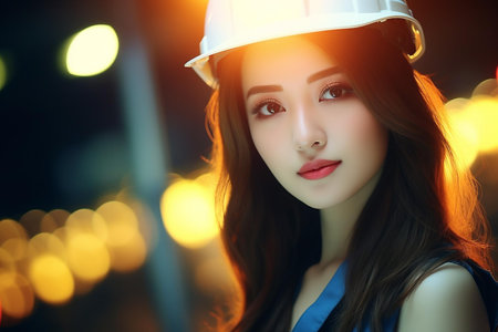 An evocative image well-suited for use in safety campaigns, discussions on gender roles in industry, or promotional content for engineering and construction companies | This compelling portrait features a young woman adorned with a white hard hat, her demeanor composed and confidant. Her dark hair cascades gently over her shoulders, lending a touch of femininity amidst the trappings of industrial work. The background bokeh, with its warm, inviting orbs of light sets a contrasting backdrop to the protective gear, hinting at a complex interplay between the softness of its features and the hard reality of labor-intensive professions. The subject's gaze is fixed directly at the viewer, engaging and strong, a visual testimony to empowerment and professionalism. The choice to light the subject's face brightly against the darker, less distinct surroundings draws the viewer's focus immediately to her, underscoring a sense of individuality and resolve | Ideal for editorial pieces exploring women in the workforce, as well as advertising material that aims to shatter traditional gender stereotypes within the workplace. The clarity and depth of the image also make it suitable for discussions about workplace safety and personal protective equipment. For decor purposes, the photo straddles the line between modern sophistication and industrial chic, appealing to those who appreciate a narrative of strength and elegance | a detailed portrait of a woman wearing a hard hat against a backdrop of glowing lights, imparting a sense of determination and grace under a canopy of industrial ambianceの素材