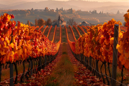 An evocative image that beautifully aligns with themes of harvest, viticulture, and the changing seasons. Ideal for travel and lifestyle publications, wine labels, or agricultural industry promotions | This captivating photo showcases parallel rows of grapevines sweeping across a rolling landscape during the rich transition into autumn. The vivid orange and red leaves create a fiery tapestry, emphasizing the seasonality and lifecycle of the vineyard. Soft sunlight filters through the morning mist, casting a warm, golden glow that highlights the natural beauty and serenity of the rural setting. At the vanishing point of the converging lines stands a traditional country church or estate house, its simple silhouette anchoring the composition and evoking a sense of timeless tradition amidst the transient beauty of the season. The ground covered in fallen leaves further enriches the color palette and textures present in the scene, suggesting a bountiful harvest and the passage of time | Perfect for editorials that narrate the story of a region's wine-making traditions, as a backdrop for branding high-quality viniculture, or to enhance any space with the romantic allure of countryside charm. This stunning image can be used to attract tourists to wine regions, inspire oenophiles, or as part of a photographic collection celebrating the natural world's cycles | A scenic, high-resolution photograph that balances vibrant autumn colors with the gentle softness of dawn light and mist, featuring ample space for adding text or other design elementsの素材