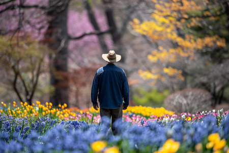 A serene image that would resonate well with content related to relaxation, nature, and the changing seasons | This photograph invites the viewer into a peaceful setting where an individual, dressed casually with a notable straw hat, stands amidst a sea of colorful spring blossoms. The person's relaxed posture and the way they are admiring the beauty around them evoke a sense of tranquility and appreciation for the simple pleasures of life. Captured with a selective focus, the foreground is a wash of soft purples and blues from the blooming flowers, while the background offers a bokeh effect that accentuates vibrant yellow and pink trees in full bloom, creating a dreamlike atmosphere. This visual landscape celebrates the rejuvenating spirit of spring and the intimate connection between humans and nature. Gentle sunlight filters through the trees, enriching the hues and adding a soft glow to the scenery, further enhancing the overall calming effect of the image | This photo would be perfect for articles on mental wellbeing, the joys of gardening, or nature's influence on human health. It could also be used in travel brochures promoting spring festivals or botanical gardens, as part of a gallery in wellness clinics, or as a comforting piece of wall art. It serves as a reminder of the restorative power of spending time in nature and the joy of witnessing the rebirth of flora | a compelling image capturing the essence of spring with a person quietly enjoying the bloom of flowers in a garden, emphasizing the harmony between humans and the natural world with a blend of vivid and soft focus elementsの素材
