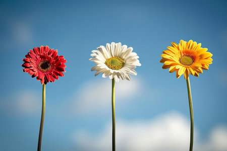 A vibrant array ideal for botanical illustrations, gardening blogs, or a refreshing backdrop in wellness and lifestyle magazines | The image presents a striking trio of Gerbera daisies, each bloom basking in the glory of a bright, sunny day. From left to right, there is a progression of warm to cool colors, starting with a bold red, transitioning to a pure white, and culminating in a radiant yellow. Each flower stands tall on a slender green stalk, set against a backdrop of clear blue sky that instills a sense of boundless optimism. The petals display a lively texture that beckons to the tactile senses, while the central eye of each daisy, replete with intricate patterns, holds a wealth of detail suggestive of nature's complexity. The composition of this visual narrative is simple yet powerful, capturing the essential vibrancy and freshness of the flowers. Each daisy is in sharp focus, encouraging the viewer to contemplate the individuality of every petal and the meticulous architecture of their circular forms | Optimal for editorial content focused on nature, growth, and vibrancy, or as an invigorating element in marketing collateral for products promoting natural beauty and vitality. The picture could also serve as a captivating cover image for seed catalogs or inspirational graphics, lending an air of rejuvenation and natural elegance | a detailed photo of three distinct Gerbera daisy blooms against a blue sky, showcasing vivid colors, textures, and the harmonious interplay of light and shadow which provide a delightful visual feast, with adequate negative space suitable for design elements or textの素材