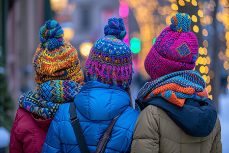 A vivid image that tells a story of friendship and warmth in the cold, a fitting visual for publications about winter fashion, holiday gatherings, or articles on maintaining social bonds in colder seasons | The photograph features a group of people from the back, united by their brightly colored winter hats and thick, warm jackets. The harmony among the vivid patterns of the knit hats creates a lively contrast against the cool blues and the more muted tones of their winter garments. Each hat, unique in its blend of hues and knitting patterns, symbolizes individuality amidst unity. The blurred background of golden and white bokeh lights casts a festive glow, invoking feelings of holiday cheer and cozy winter evenings. The focus on the group hints at shared experiences and the comforting solidarity found in companionship during nippy weather. The lights suggest the ambiance of a winter market or a street adorned with festive decorations, providing context to the seasonal allure of the subjects | This image is ideal for content focusing on winter activities, lifestyle features related to the holiday season, or for use in advertising campaigns for winter apparel. It is equally fitting for social and cultural commentaries on communal gatherings during festive times and could serve as a warming visual accent in both print and digital media geared towards seasonal celebration and preparation | a captivating photo of a close-knit group facing away, adorned in vibrant winter attire with a backdrop of soft, enchanting bokeh lights that underline the season's delightの素材