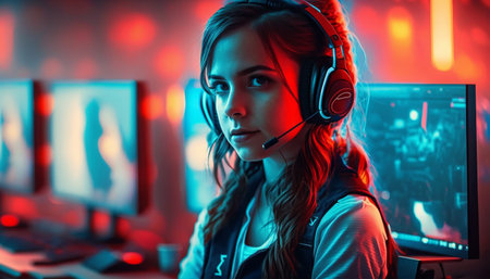 Portrait of a female gamer wearing headphones playing online games on a computer.の素材