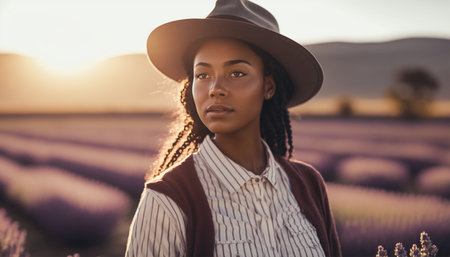 Portrait of young african american woman in hat and coat on lavender field at sunsetの素材