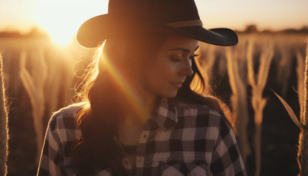 Beautiful young woman in hat and plaid shirt on wheat field at sunsetの素材