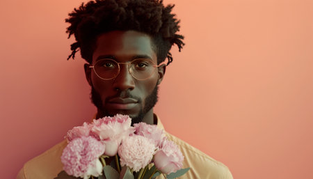 African american man in eyeglasses holding bouquet of peonies on pink backgroundの素材