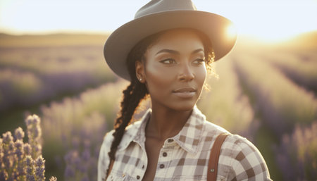 Beautiful african american woman in hat and plaid shirt on lavender field at sunsetの素材