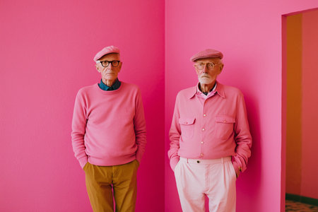 senior couple standing together and looking at camera while standing against pink wallの素材