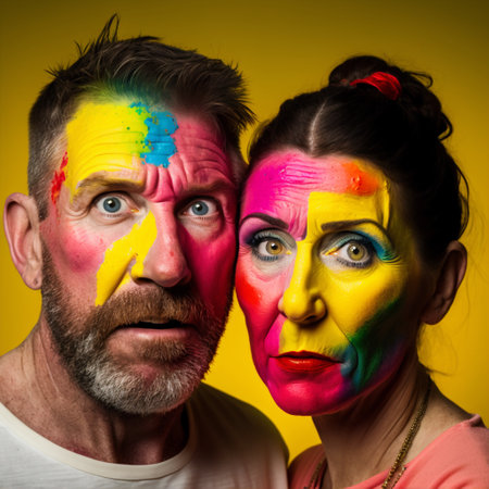 Man and woman with face painting on yellow background. LGBT concept.の素材