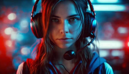 Portrait of a serious female gamer wearing headphones while standing in gaming roomの素材