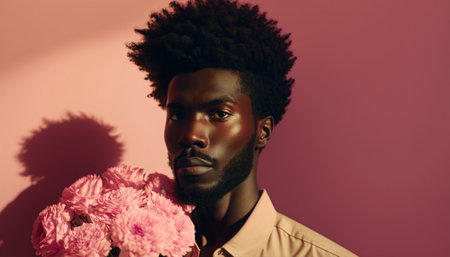 young african american man with bouquet of flowers on pinkの素材
