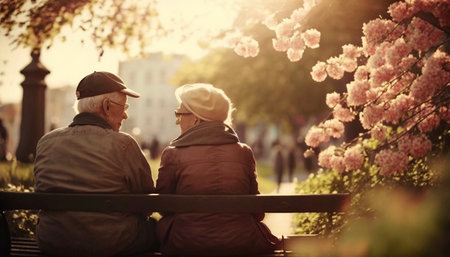 Senior couple sitting on a bench in the park, looking at each otherの素材