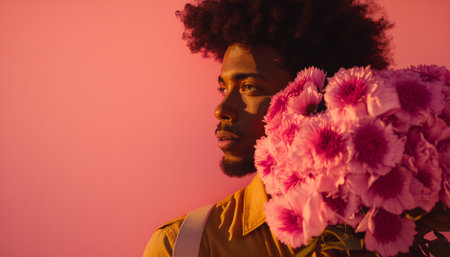 african american man with bouquet of flowers looking away isolated on pinkの素材