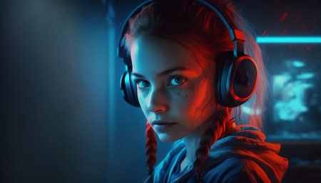 Portrait of a young woman gamer in headphones. Gaming concept.の素材