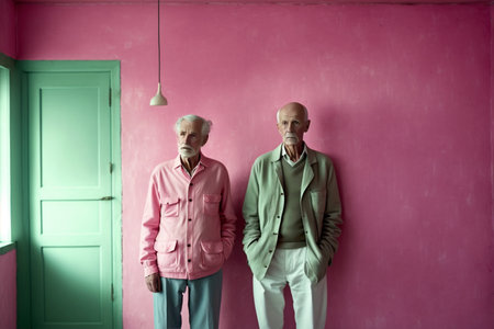 Elderly couple standing in front of a pink wall in the hallwayの素材
