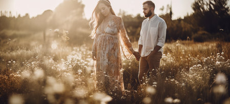 Beautiful couple in love walking in the field at sunset. Handsome man and beautiful woman in a field of flowers.の素材