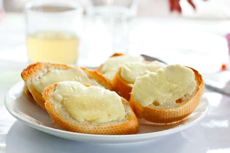 Garlic Bread on White Plateの写真素材