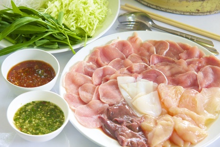 Thai Food, Thai Barbecue Pork Chicken Squid and Sauce and Vegetableの写真素材