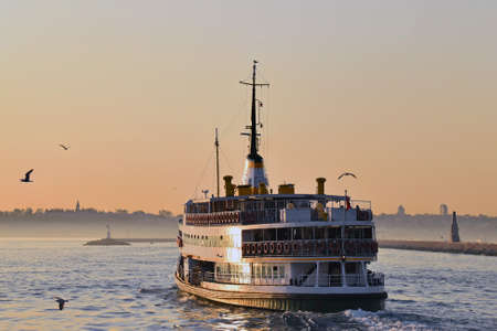 Ferry sailing along the Bosphorus Strait at sunset. Seagulls are flying around. Istanbul, Turkey