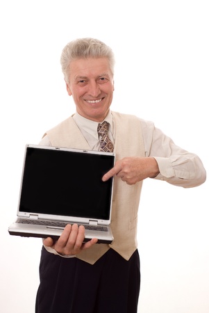 man holding a laptop with blank screen where you can write your textの写真素材