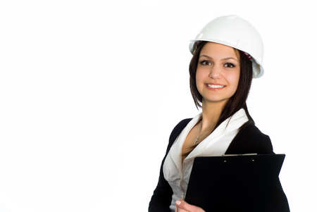 beautiful girl in a black business suit with a white backgroundの写真素材