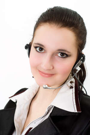 beautiful girl in a black business suit with a white backgroundの写真素材