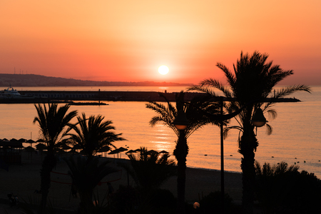 Brilliant vacation destination beach sunrise, Yasmine Hammamet, Tunisia, Africaの写真素材