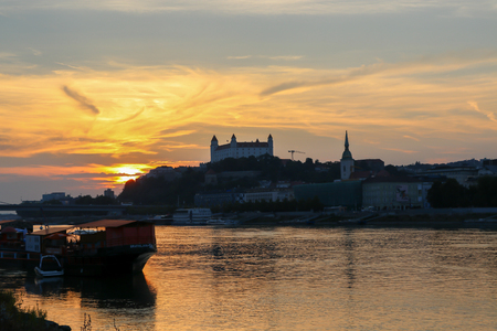 BRATISLAVA, SLOVAKIA - AUGUST 13, 2018: View on Bratislava castle and old town over the river Danube in Bratislava, Slovakiaのeditorial素材