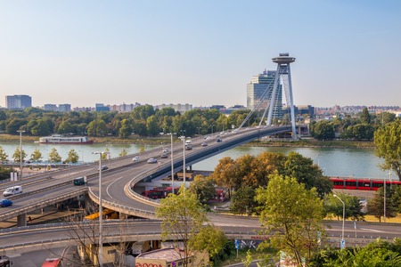 BRATISLAVA, SLOVAKIA - AUGUST 20 2018: Morning traffic on the SNP bridge in the center of Bratislava, the capital of Slovak Republicのeditorial素材