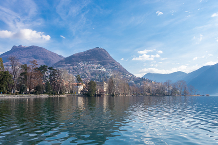 Beautiful view of Lugano lake in March, Switzerlandの写真素材
