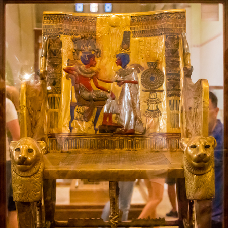 Cairo, Egypt - April 19, 2019: Ancient Egyptian art, the Golden throne of Tutankhamenのeditorial素材