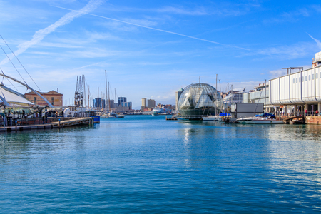 Genoa harbors with the city skyline and the biosphere, Ligurian Seaのeditorial素材