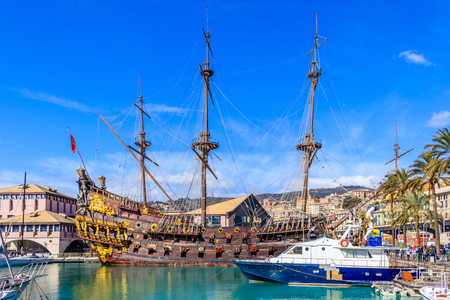 Pirate Ship from the movie Pirates directed by Roman Polanski in harbor Porto Antico, Genoa, Italyのeditorial素材