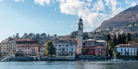Cernobbio town with church in Como lake district, Italyの写真素材