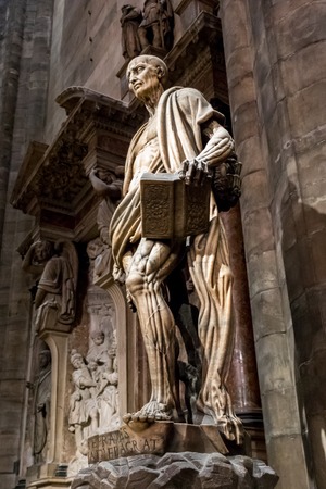 Milan, Italy - March 8, 2019: Statue of St. Bartholomew Flayed in the Duomo di Milano, Milan cathedral, Sculptureのeditorial素材
