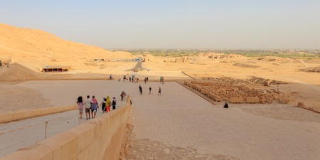Luxor, Egypt - April 16, 2019: Tourists on the staircase of the Mortuary Temple of Hatshepsutのeditorial素材