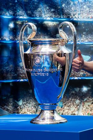 Bratislava, September - April 20, 2018: UEFA Champions League Cup Trophy on Bratislava IFA international exhibition standのeditorial素材