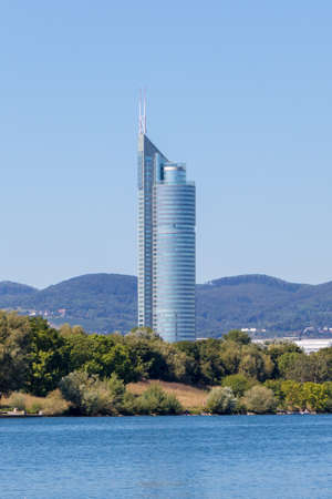 Vienna, Austria - September 4, 2019: Distant view on The Millennium Tower, the second tallest structure in Austria at 171 meters, built in 1999.のeditorial素材
