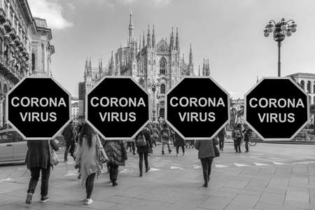 Corona Virus on red sign in front of the Milan Cathedral in Italyのeditorial素材