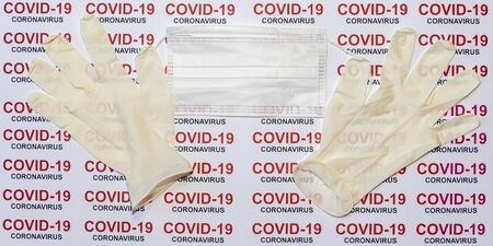 Medical mask and sterile gloves on the covid-19 background, protection against coronavirus....